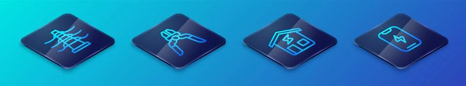 Set Isometric line Smart home, Electric tower line, Mobile phone and Pliers tool Stock Illustration