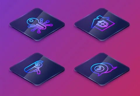 Set Isometric line Smart key, Security camera, House under protection and C.. Stock Illustration