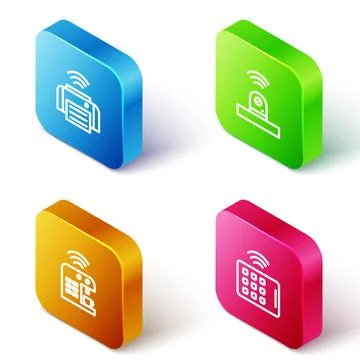 Set Isometric line Smart printer, security camera, coffee machine and Wireless Stock Illustration