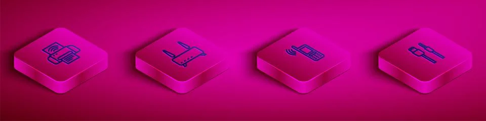 Set Isometric line Smart printer system, Router and wi-fi signal, Mobile with Illustrazione stock