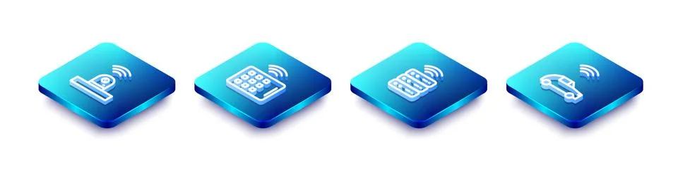 Set Isometric line Smart security camera, Wireless tablet, server and car system Stock Illustration