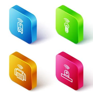 Set Isometric line Smart stereo speaker, light bulb, printer and security camera Stock Illustration