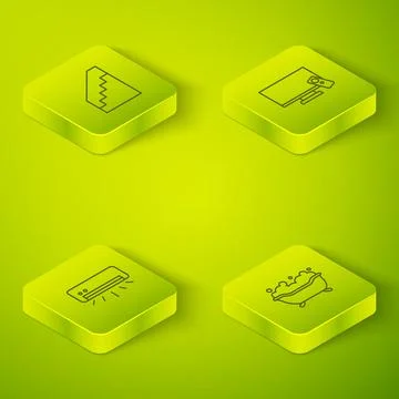 Set Isometric line Smart Tv, Air conditioner, Bathtub and Stairs icon. Vector Stock Illustration