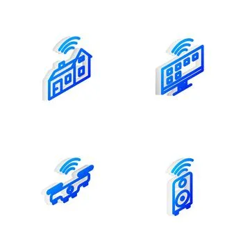 Set Isometric line Smart Tv system, home with wireless, drone and stereo sp.. Stock Illustration