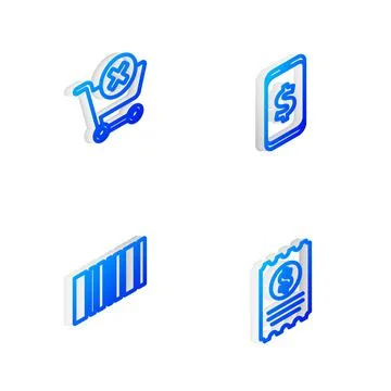 Set Isometric line Smartphone with dollar, Remove shopping cart, Barcode and Illustrazione stock