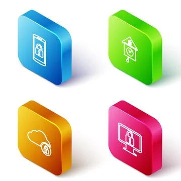 Set Isometric line Smartphone with lock, Retro wall watch, Cloud computing and Stock Illustration