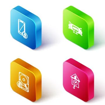 Set Isometric line Smartphone with lock, Computer api interface, Hard disk drive Stock Illustration