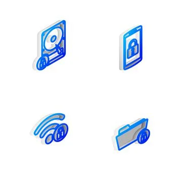 Set Isometric line Smartphone with lock, Hard disk drive and, Wifi locked and Stock Illustration