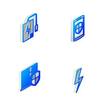 Set Isometric line Smartphone with shield, Power bank, Server and Lightning bolt Stock Illustration