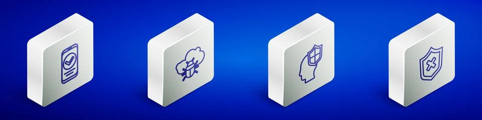 Set Isometric line Smartphone, System bug cloud, Head with shield and Shield  Stock Illustration