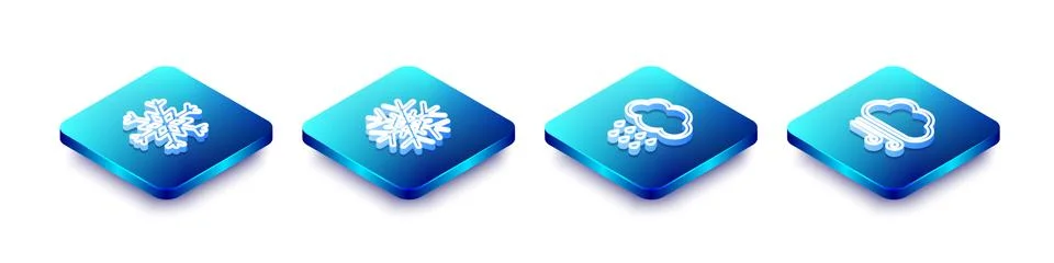 Set Isometric line Snowflake, , Cloud with rain and Windy weather icon. Vector Stock Illustration