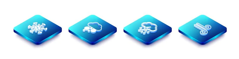 Set Isometric line Snowflake, Cloud with snow, rain and lightning and Wind ic Stock Illustration