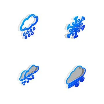 Set Isometric line Snowflake, Cloud with rain, snow and Windy weather icon. V Stock Illustration
