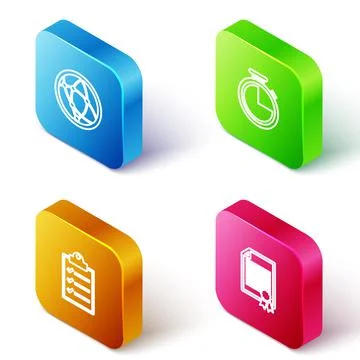 Set Isometric line Social network, Stopwatch, Clipboard with checklist and Ce 스톡 일러스트