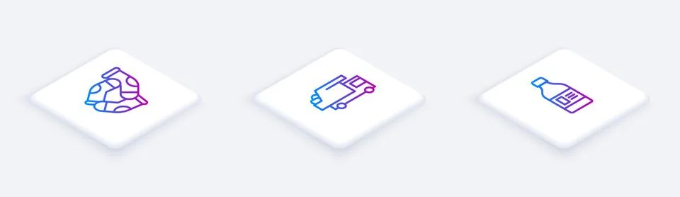 Set Isometric line Socks, Garbage truck and Bottle for cleaning agent. White Stock Illustration