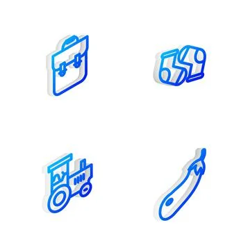 Set Isometric line Socks, School backpack, Tractor and Eggplant icon. Vector Stock Illustration