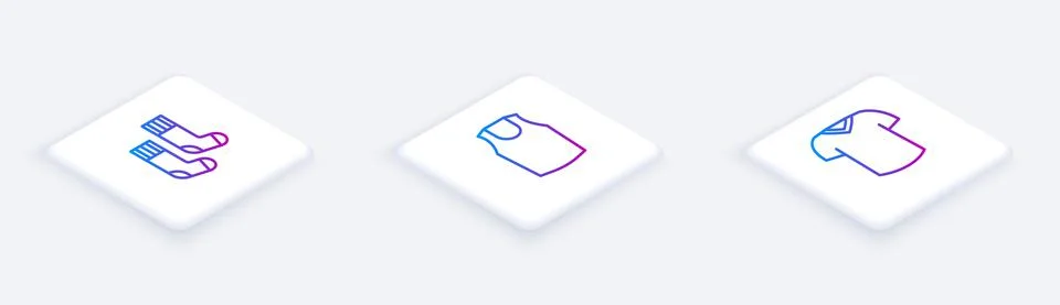 Set Isometric line Socks, Undershirt and T-shirt. White square button. Vector Illustrazione stock