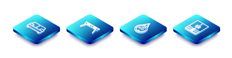 Set Isometric line Sofa, Office desk, Mirror and Wardrobe icon. Vector Illustration