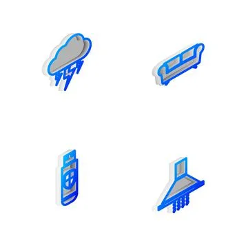 Set Isometric line Sofa, Storm, USB flash drive and shield and Kitchen extractor Illustrazione stock