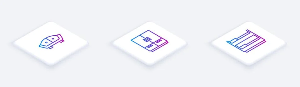 Set Isometric line Sofa, Wardrobe and Bunk bed. White square button. Vector Stock Illustration