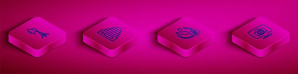 Set Isometric line Softbox light, Photo camera, Camera timer and icon. Vector Stock Illustration