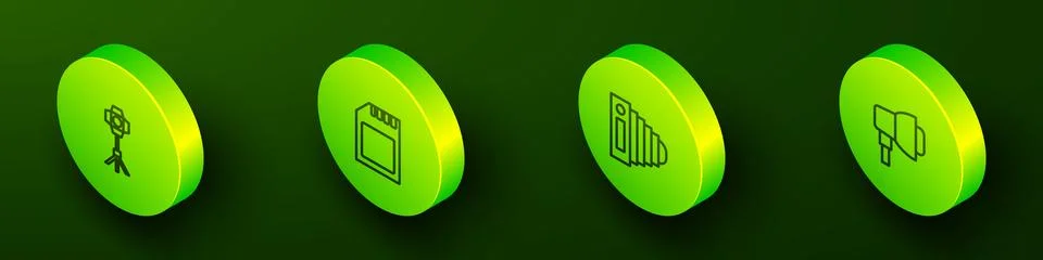 Set Isometric line Softbox light, SD card, Photo camera and icon. Vector Stock Illustration