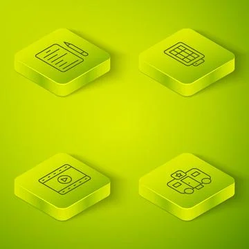 Set Isometric line Softbox light, Play Video, Actor trailer and Scenario icon イラスト素材