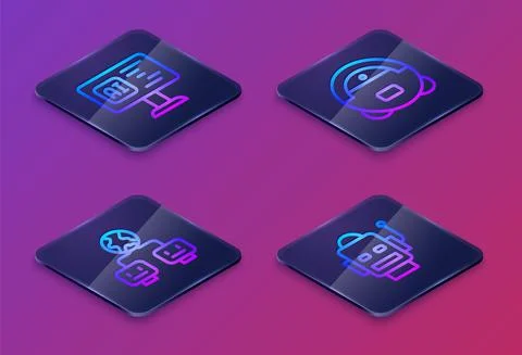 Set Isometric line Software, Artificial intelligence, Robot vacuum cleaner and 库存插图