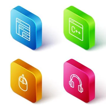 Set Isometric line Software, , Computer mouse and Headphones icon. Vector 스톡 일러스트
