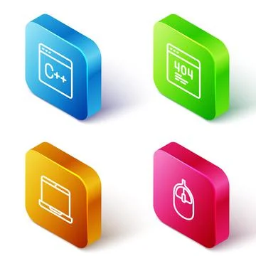 Set Isometric line Software, Page with 404 error, Laptop and Computer mouse icon Stock Illustration