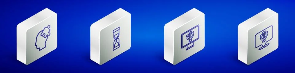 Set Isometric line Solution to the problem, Old hourglass, Psychologist online Illustrazione stock