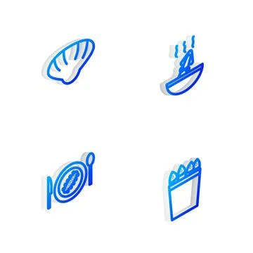 Set Isometric line Soup with octopus, Scallop sea shell, Served cucumber on Stock Illustration