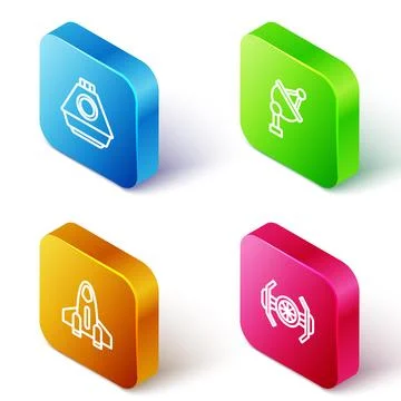 Set Isometric line Space capsule, Satellite dish, Rocket ship and Cosmic ic.. Stock Illustration