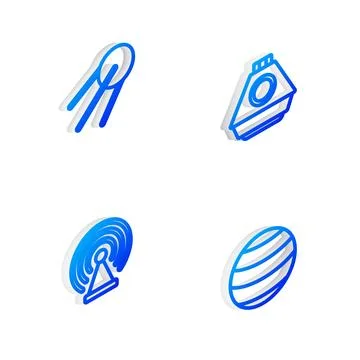 Set Isometric line Space capsule, Satellite, Radar and Planet icon. Vector Stock Illustration
