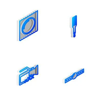 Set Isometric line Spanking paddle, Condom package, Video camera with Sex and Stock-Illustration