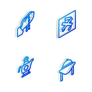 Set Isometric line Speaker mute, Hands in praying position, Islamic teapot and Ilustración de archivo