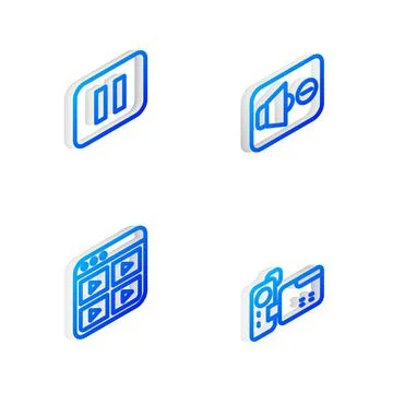 Set Isometric line Speaker mute, Pause button, Music playlist and Cinema camera 스톡 일러스트
