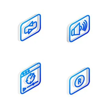 Set Isometric line Speaker volume, Repeat button, Online play video and Record Stock Illustration