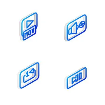 Set Isometric line Speaker volume, MOV file, Repeat track music player and .. Illustrazione stock
