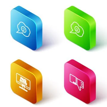 Set Isometric line Speech bubble with angry smile, sad, Monitor FAQ information Stock Illustration