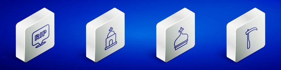 Set Isometric line Speech bubble rip death, Old crypt, Church tower and Scythe Ilustración de archivo