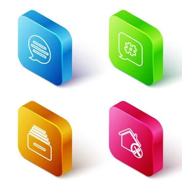 Set Isometric line Speech bubble chat, Hashtag speech, Drawer with documents and Stock Illustration