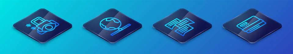 Set Isometric line Speech bubble chat, Cyber security, Credit card and Global 스톡 일러스트