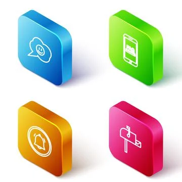 Set Isometric line Speech bubble with smile face, Mobile FAQ information, Button Stock Illustration