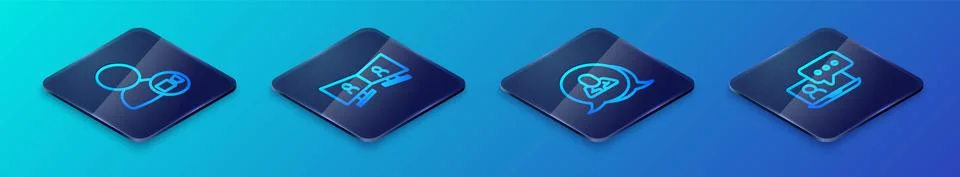 Set Isometric line Speech bubble chat, Video conference, and icon. Vector Stock Illustration