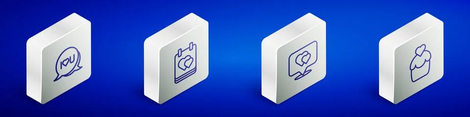 Set Isometric line Speech bubble text I love you, Calendar with heart, Location Ilustração Stock