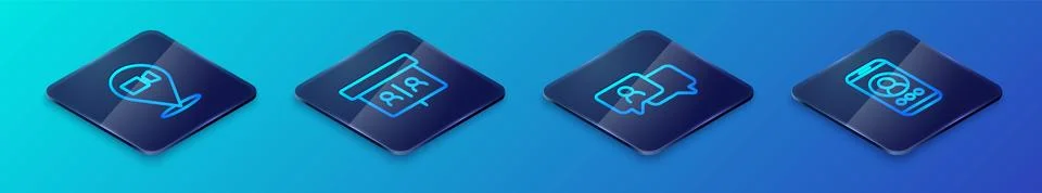 Set Isometric line Speech bubble chat, Video conference, and icon. Vector Stock Illustration