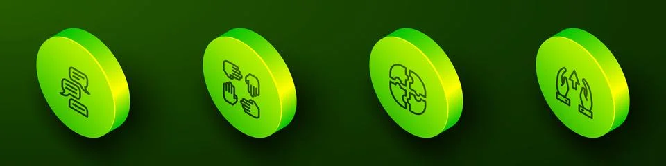 Set Isometric line Speech bubble chat, Project team base, Piece of puzzle a.. Stock Illustration