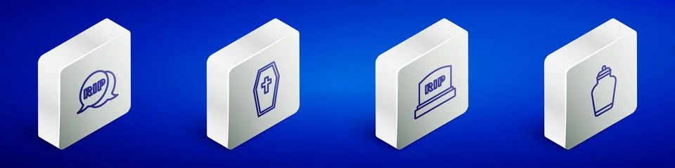 Set Isometric line Speech bubble rip death, Coffin with cross, Tombstone RI.. Illustrazione stock