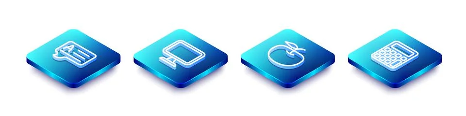 Set Isometric line Speech bubbles with Answer, Computer monitor, Apple and .. イラスト素材